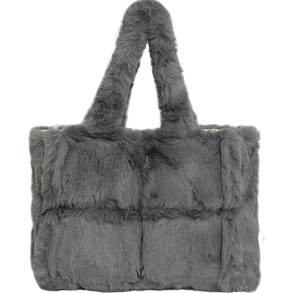 ✨ Jansben Furry Faux Fur Women Grey Winter Plush Clutch Large Top Handle Handbag - Picture 1 of 7